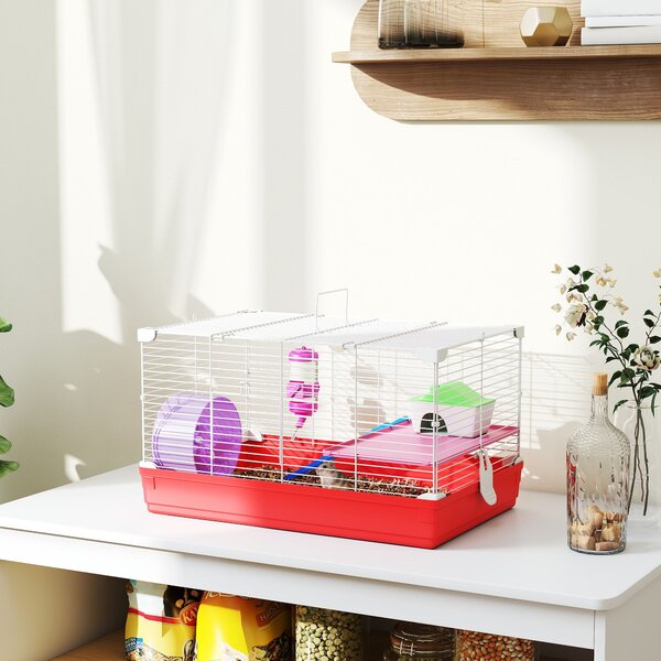 PawHut Dwarf Hamster Metal Cage w/ Tunnels Exercise Wheel Water Bottle Dishes Red and White Aosom UK