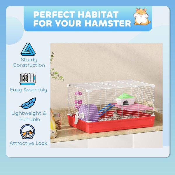 PawHut Dwarf Hamster Metal Cage w/ Tunnels Exercise Wheel Water Bottle Dishes Red and White Aosom UK