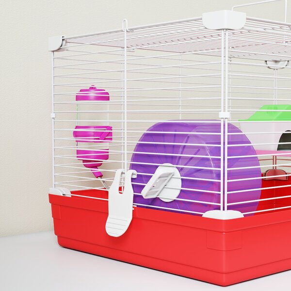 PawHut Dwarf Hamster Metal Cage w/ Tunnels Exercise Wheel Water Bottle Dishes Red and White Aosom UK