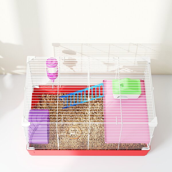 PawHut Dwarf Hamster Metal Cage w/ Tunnels Exercise Wheel Water Bottle Dishes Red and White Aosom UK