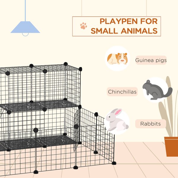 PawHut Pet Playpen w/ Door Customisable Fence for Guinea Pigs Hamsters Chinchillas Hedgehogs - Black Aosom UK