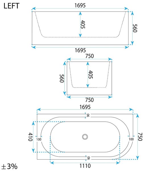 Bathtub Rea Orion Left 170cm