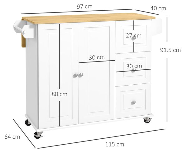 HOMCOM Kitchen Island with Drop Leaf, Rolling Kitchen Storage Trolley on Wheels with 3 Drawers, Spice Rack and Towel Rack, Storage Cart with Rubber Wood Top, White