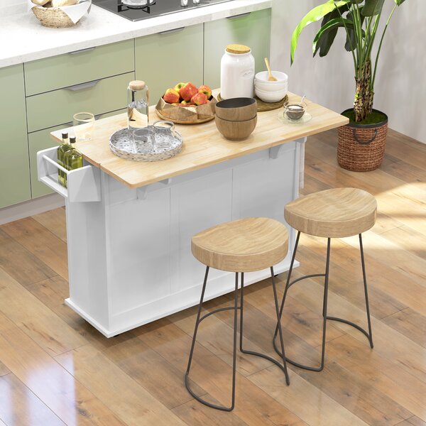 HOMCOM Kitchen Island with Drop Leaf, Rolling Kitchen Storage Trolley on Wheels with 3 Drawers, Spice Rack and Towel Rack, Storage Cart with Rubber Wood Top, White