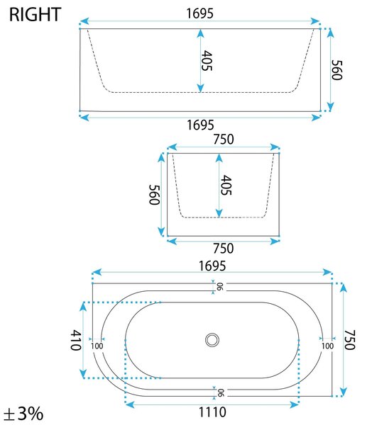 Bathtub Rea Orion Right 170cm