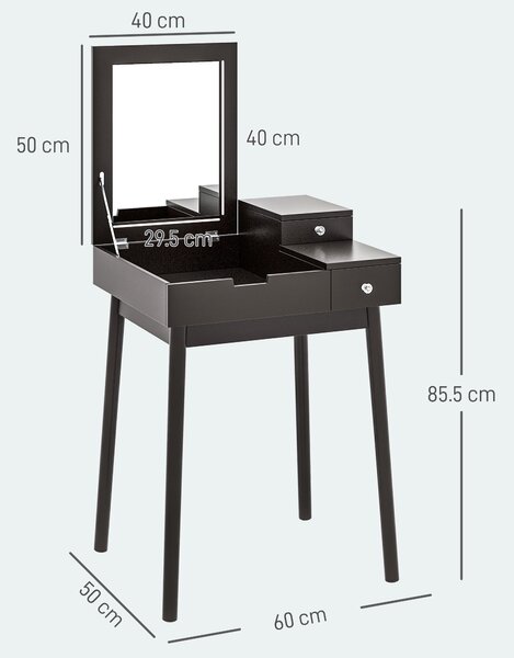 HOMCOM Dressing Table with Flip-up Mirror, Makeup Desk with 2 Drawers, Vanity Table Writing Desk for Bedroom Living Room, Black