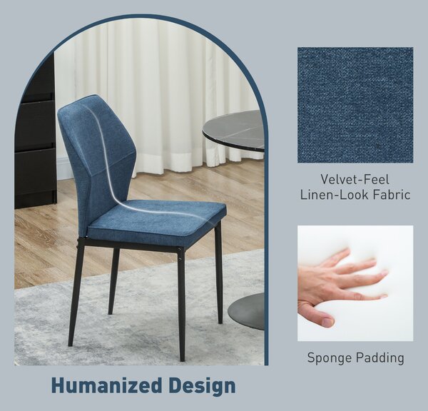 HOMCOM Velvet Dining Chairs Set of 2, Modern Upholstered Kitchen Chairs with Metal Legs, Curved Back and Padded Seat, Armless Side Chairs for Dining Room, Bedroom, Living Room, Blue