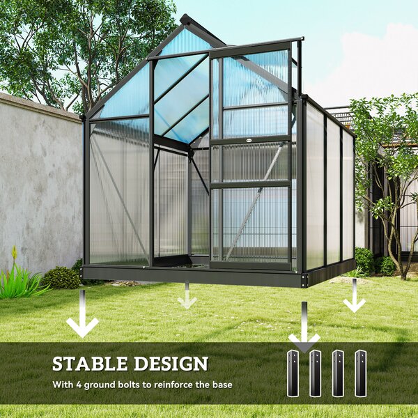 Outsunny 6 x 6ft Polycarbonate Walk-In Greenhouse with Slide Door & Window, Aluminium Frame for Garden Plants, Clear Aosom UK
