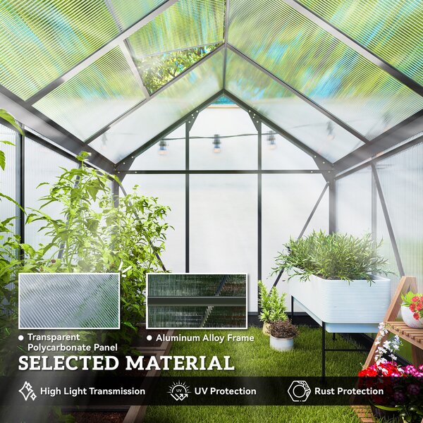 Outsunny 6 x 6ft Polycarbonate Walk-In Greenhouse with Slide Door & Window, Aluminium Frame for Garden Plants, Clear Aosom UK