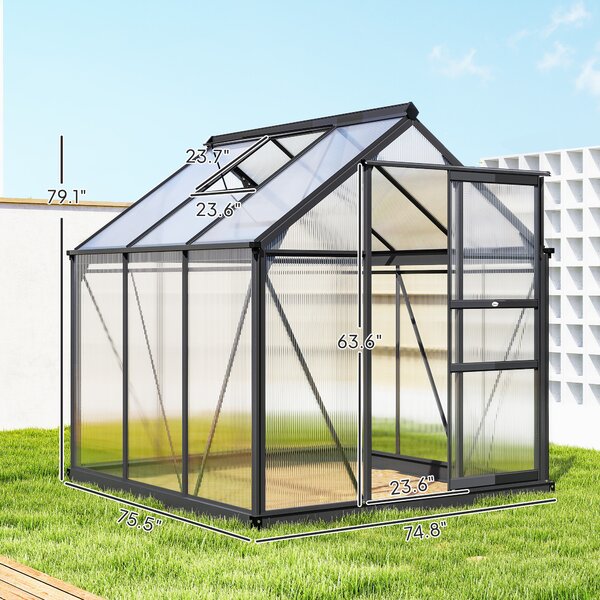 Outsunny 6 x 6ft Polycarbonate Walk-In Greenhouse with Slide Door & Window, Aluminium Frame for Garden Plants, Clear Aosom UK