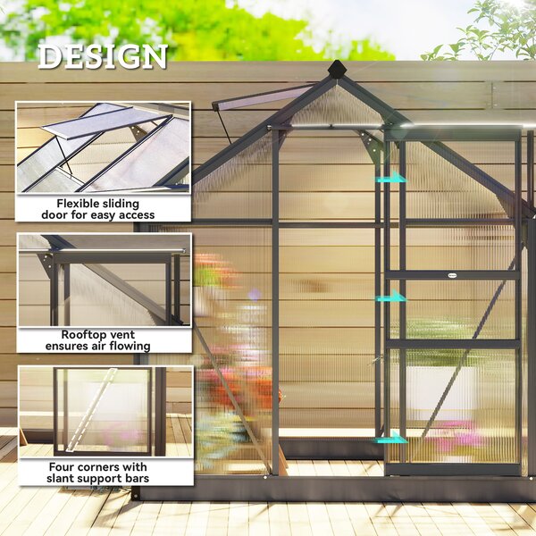 Outsunny 6 x 6ft Polycarbonate Walk-In Greenhouse with Slide Door & Window, Aluminium Frame for Garden Plants, Clear Aosom UK
