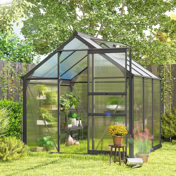 Outsunny 6 x 6ft Polycarbonate Walk-In Greenhouse with Slide Door & Window, Aluminium Frame for Garden Plants, Clear Aosom UK