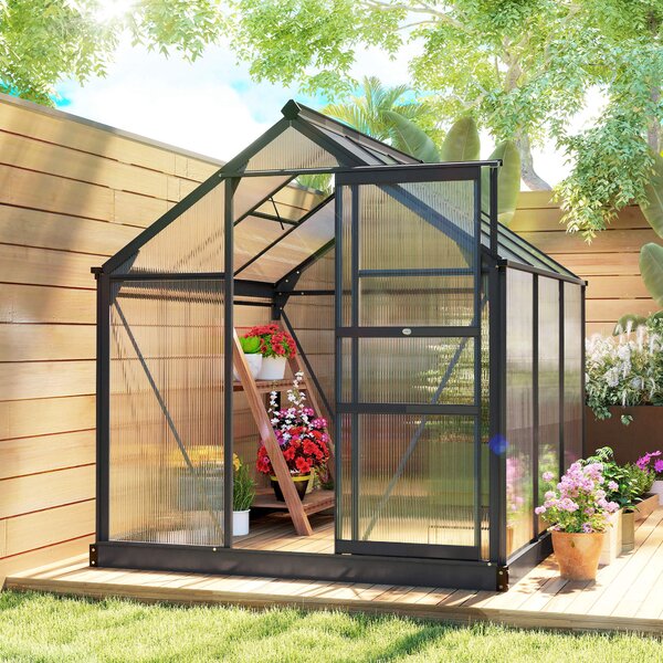 Outsunny 6 x 6ft Polycarbonate Walk-In Greenhouse with Slide Door & Window, Aluminium Frame for Garden Plants, Clear Aosom UK