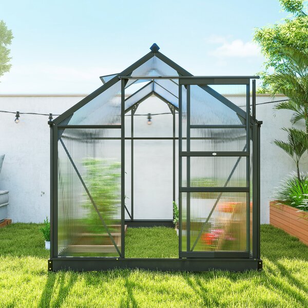 Outsunny 6 x 6ft Polycarbonate Walk-In Greenhouse with Slide Door & Window, Aluminium Frame for Garden Plants, Clear Aosom UK