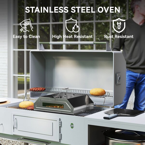 Outsunny 8 in Portable Stainless Steel BBQ Grill Top Pizza Oven with Built-in Thermometer and Viewing Window for Gas and Charcoal BBQ Grills, Includes Carry Handles, Pizza Stone and Peel, Silver Tone