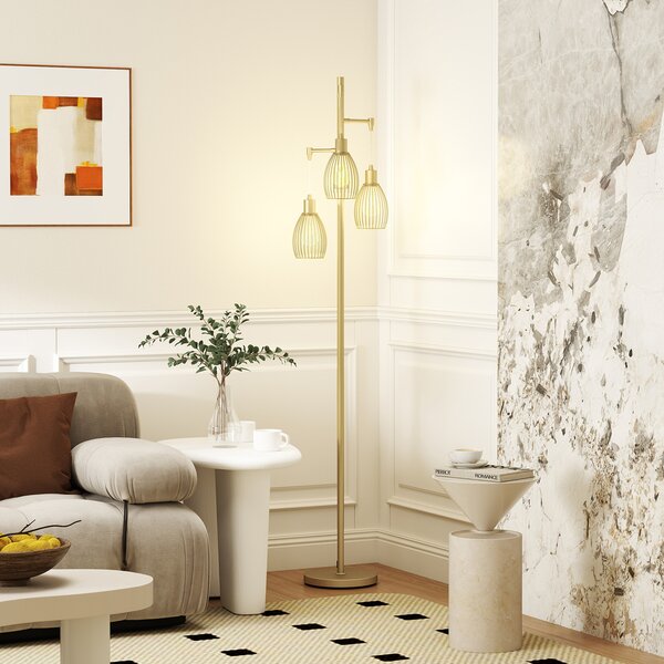 HOMCOM 170cm Industrial 3-Light Floor Lamp, Dimmable Standing Lamp with Steel Lampshades for Living Room, Bedroom, Dinging Room, Study, Gold Tone