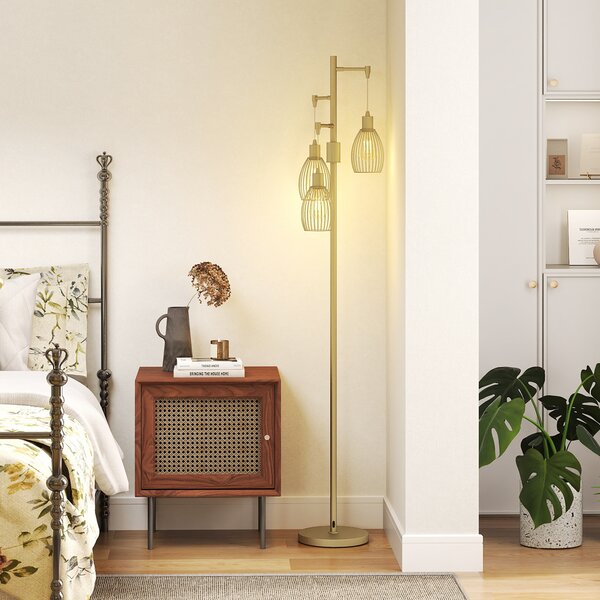 HOMCOM 170cm Industrial 3-Light Floor Lamp, Dimmable Standing Lamp with Steel Lampshades for Living Room, Bedroom, Dinging Room, Study, Gold Tone
