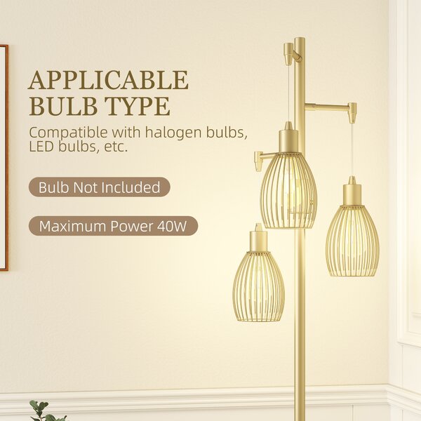 HOMCOM 170cm Industrial 3-Light Floor Lamp, Dimmable Standing Lamp with Steel Lampshades for Living Room, Bedroom, Dinging Room, Study, Gold Tone