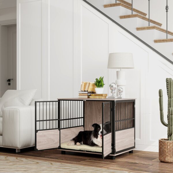 PawHut XL Dog Crate Dog Cage End Table Indoor with 3 Doors Soft Washable Cushion, for Large Sized Dogs, 80cm Aosom UK