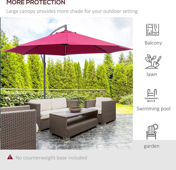 Outsunny 3(m) Garden Banana Parasol Hanging Cantilever Umbrella with Crank Handle and Cross Base for Outdoor, Sun Shade, Wine Red