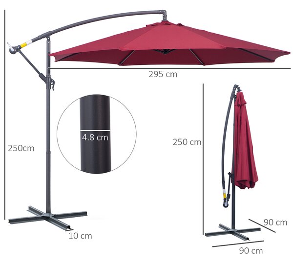 Outsunny 3(m) Garden Banana Parasol Hanging Cantilever Umbrella with Crank Handle and Cross Base for Outdoor, Sun Shade, Wine Red
