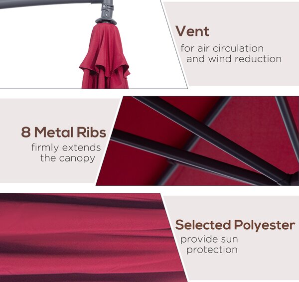 Outsunny 3(m) Garden Banana Parasol Hanging Cantilever Umbrella with Crank Handle and Cross Base for Outdoor, Sun Shade, Wine Red