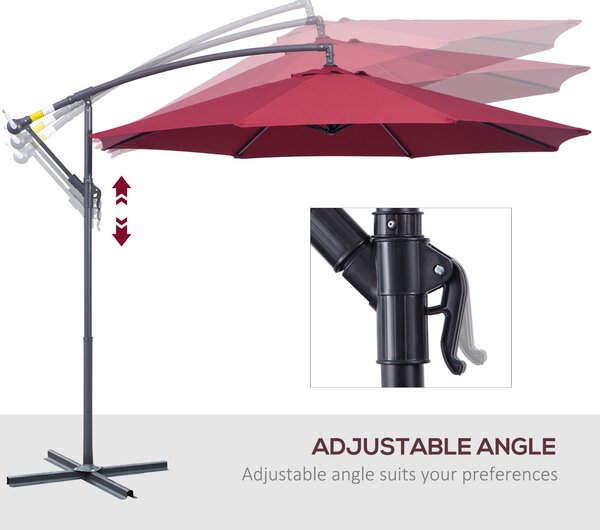 Outsunny 3(m) Garden Banana Parasol Hanging Cantilever Umbrella with Crank Handle and Cross Base for Outdoor, Sun Shade, Wine Red