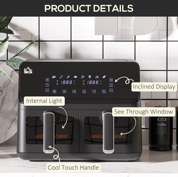 HOMCOM Family Air Fryer , 8L Double Air Fryer Oven w/ 8 Presets, Digital Display, Recipe Cookbook, 60min Timer for Oil Free & Low Fat, 2500W, Black