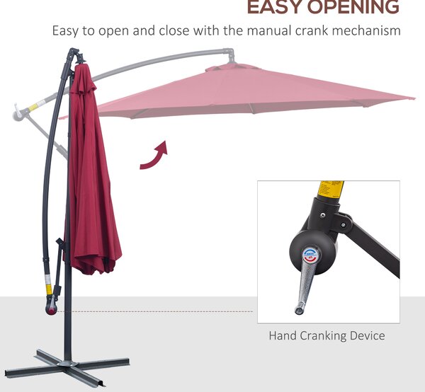 Outsunny 3(m) Garden Banana Parasol Hanging Cantilever Umbrella with Crank Handle and Cross Base for Outdoor, Sun Shade, Wine Red