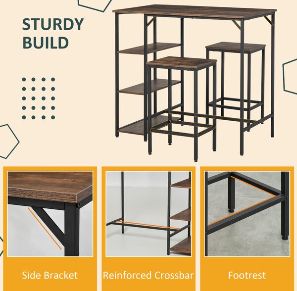 HOMCOM Bar Table and Stools w/ 2 Stools & Side Shelf, Dining Table Set w/ Industrial Bar Height, Coffee Table for Kitchen, Dinette Aosom UK