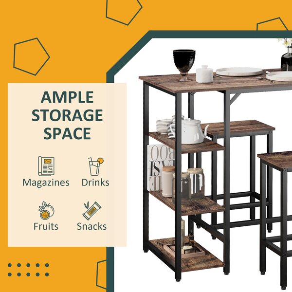 HOMCOM Bar Table and Stools w/ 2 Stools & Side Shelf, Dining Table Set w/ Industrial Bar Height, Coffee Table for Kitchen, Dinette Aosom UK