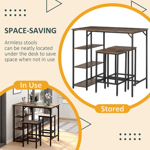 HOMCOM Bar Table and Stools w/ 2 Stools & Side Shelf, Dining Table Set w/ Industrial Bar Height, Coffee Table for Kitchen, Dinette Aosom UK
