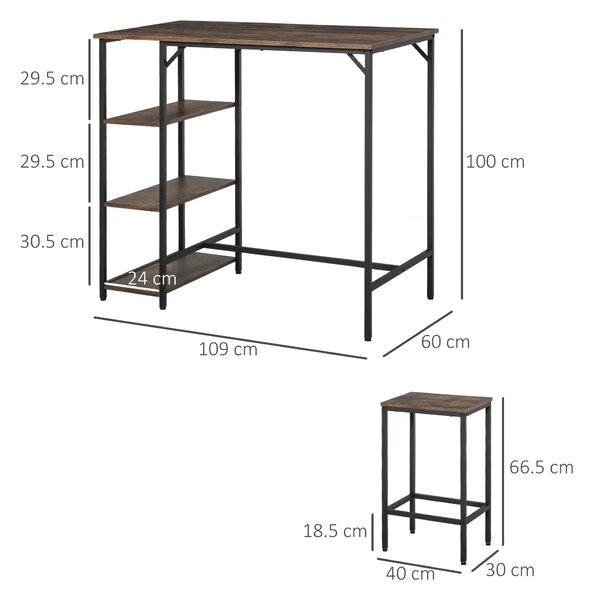 HOMCOM Bar Table and Stools w/ 2 Stools & Side Shelf, Dining Table Set w/ Industrial Bar Height, Coffee Table for Kitchen, Dinette Aosom UK