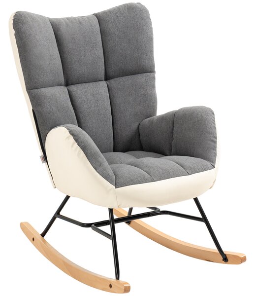 HOMCOM Rocking Chair for Nursery, Upholstered Wingback Armchair with Steel and Wood Legs for Living Room, Bedroom, Balcony, Grey and Cream Aosom UK