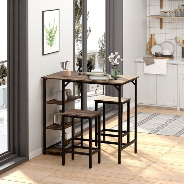 HOMCOM Bar Table and Stools w/ 2 Stools & Side Shelf, Dining Table Set w/ Industrial Bar Height, Coffee Table for Kitchen, Dinette Aosom UK