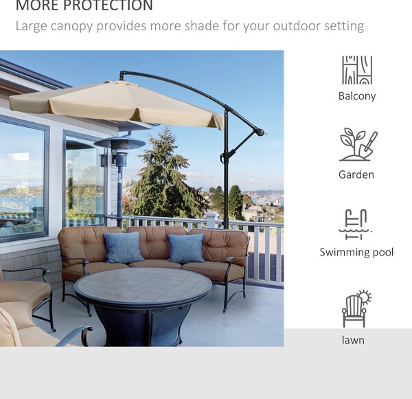 Outsunny Waterproof 2.7m Cantilever Parasol Banana Sun Umbrella with Crank Handle and Cross Base for Outdoor Hanging Sun Shade Light Brown Aosom UK