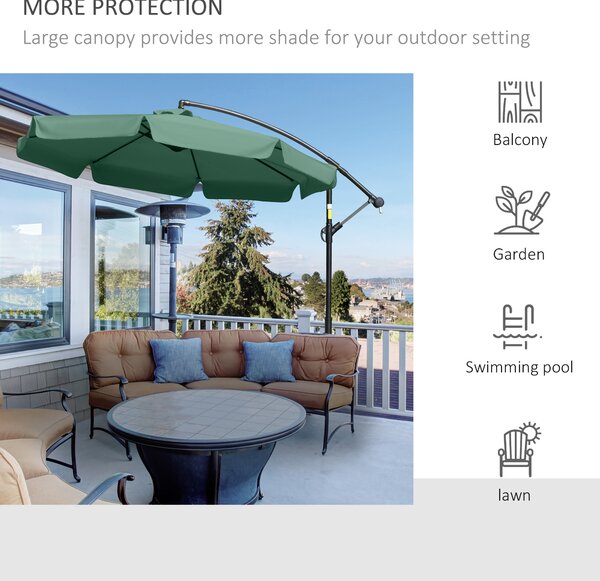 Outsunny 2.7m Garden Parasol Cantilever Umbrella with Crank Handle and Cross Base for Outdoor, Hanging Sun Shade, Green