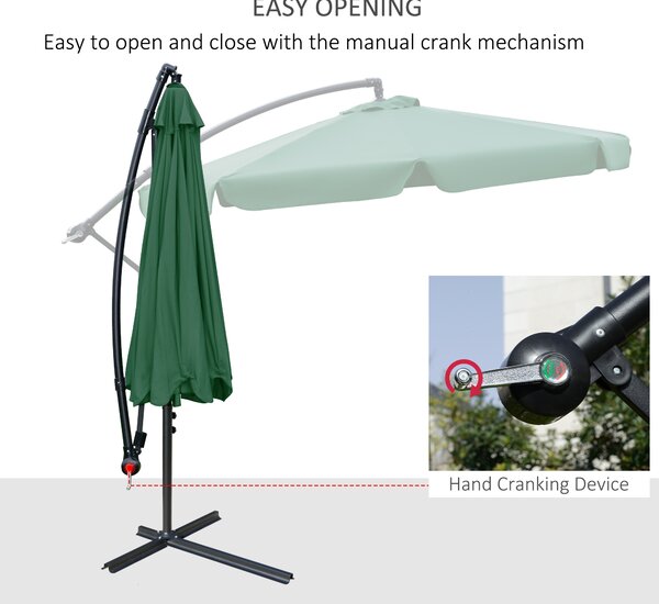 Outsunny 2.7m Garden Parasol Cantilever Umbrella with Crank Handle and Cross Base for Outdoor, Hanging Sun Shade, Green