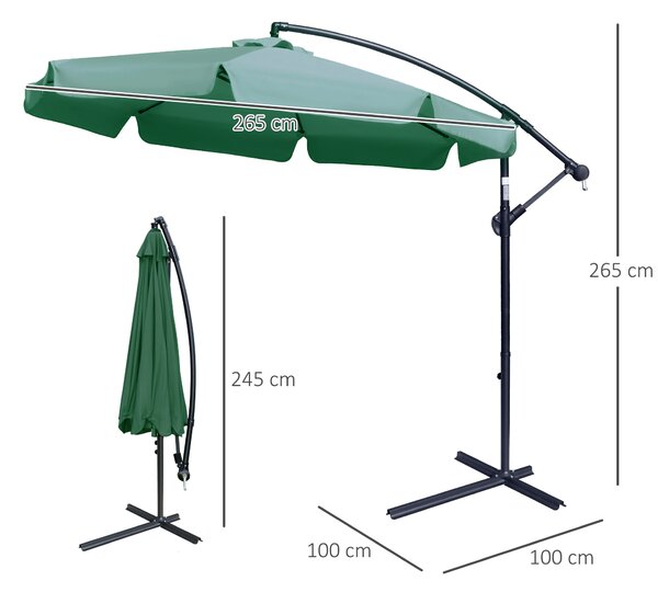 Outsunny 2.7m Garden Parasol Cantilever Umbrella with Crank Handle and Cross Base for Outdoor, Hanging Sun Shade, Green