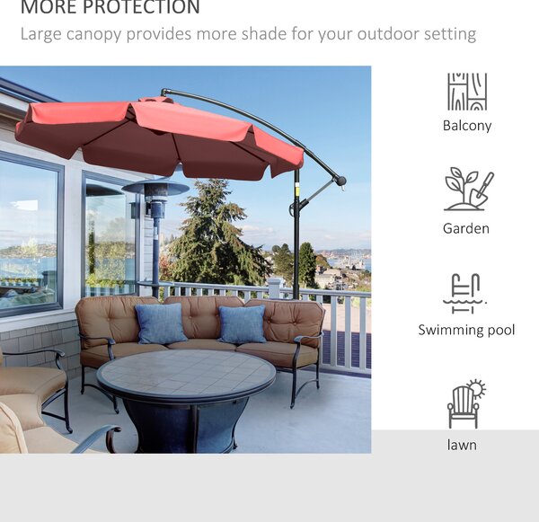 Outsunny 2.7m Garden Banana Parasol Cantilever Umbrella with Crank Handle and Cross Base for Outdoor, Hanging Sun Shade, Wine Red