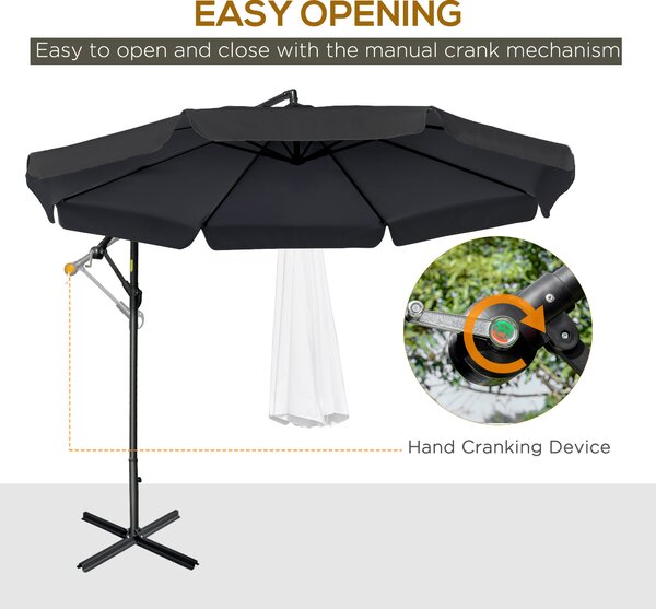 Outsunny Waterproof 2.7m Banana Parasol Cantilever Umbrella with Crank Handle and Cross Base for Outdoor, Hanging Sun Shade, Black Aosom UK