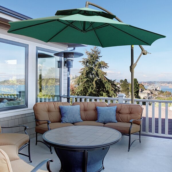 Outsunny 2.7m Cantilever Banana Parasol with Crank Handle, Double Tier Canopy & Cross Base, Outdoor Hanging Sun Shade, Green Aosom UK