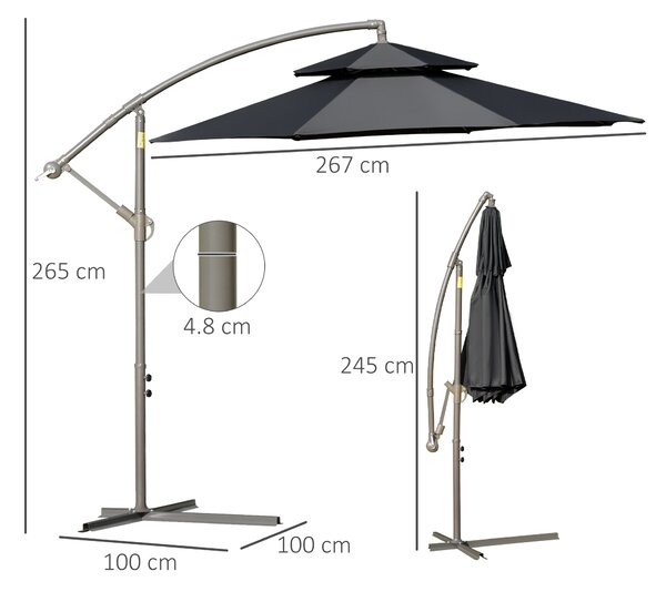 Outsunny Cantilever Parasol: 2.7m Banana Umbrella with Crank Handle, Double-Tier Canopy, Cross Base, Hanging Sun Shade, Black Aosom UK