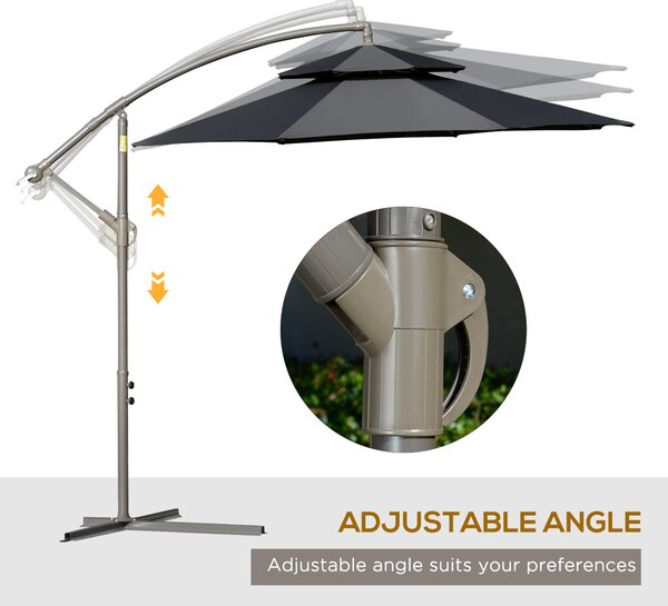 Outsunny Cantilever Parasol: 2.7m Banana Umbrella with Crank Handle, Double-Tier Canopy, Cross Base, Hanging Sun Shade, Black Aosom UK
