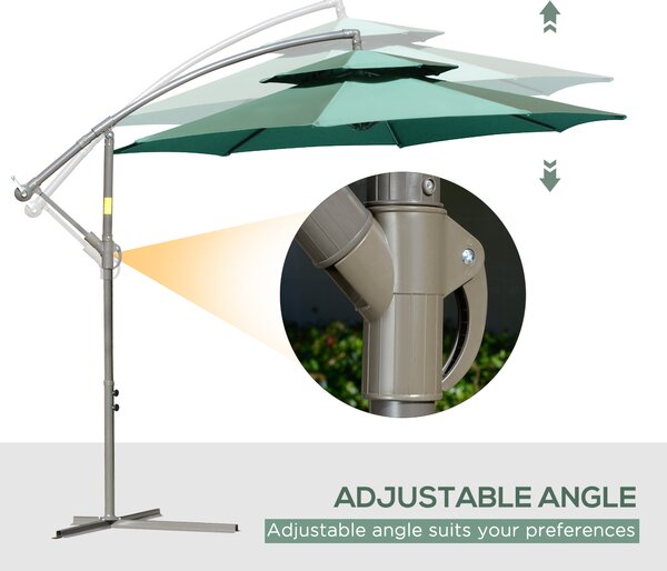 Outsunny 2.7m Cantilever Banana Parasol with Crank Handle, Double Tier Canopy & Cross Base, Outdoor Hanging Sun Shade, Green Aosom UK