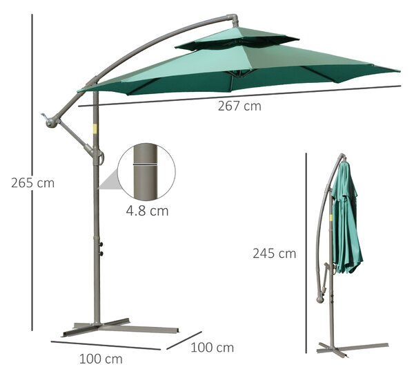 Outsunny 2.7m Cantilever Banana Parasol with Crank Handle, Double Tier Canopy & Cross Base, Outdoor Hanging Sun Shade, Green Aosom UK