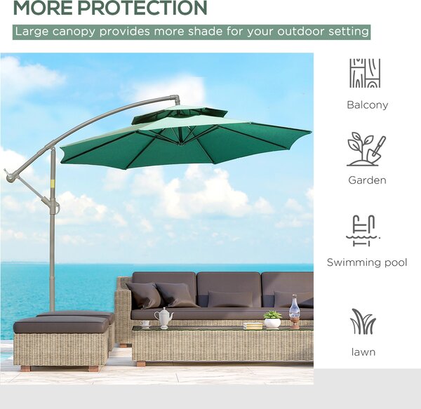 Outsunny 2.7m Cantilever Banana Parasol with Crank Handle, Double Tier Canopy & Cross Base, Outdoor Hanging Sun Shade, Green Aosom UK