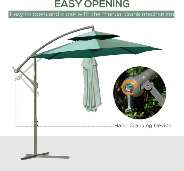Outsunny 2.7m Cantilever Banana Parasol with Crank Handle, Double Tier Canopy & Cross Base, Outdoor Hanging Sun Shade, Green Aosom UK