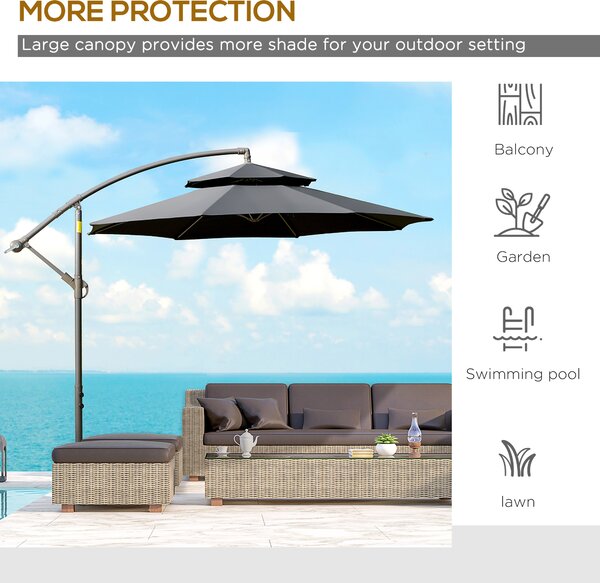 Outsunny Cantilever Parasol: 2.7m Banana Umbrella with Crank Handle, Double-Tier Canopy, Cross Base, Hanging Sun Shade, Black Aosom UK