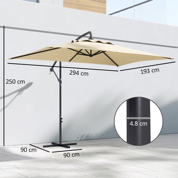 Outsunny Waterproof Cantilever Parasol w/ Cross Base, Banana Umbrella w/ Crank Handle, 6 Ribs, 3x2m, Rectangular, Hanging Patio Shade Aosom UK